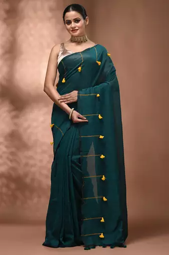 Teal cotton soft saree with pompom