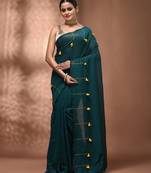 Teal cotton soft saree with pompom