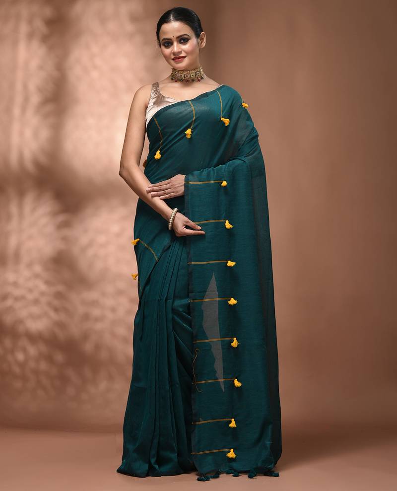 Teal cotton soft saree with pompom