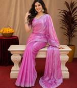 Baby pink soft shimmer chiffon embroidery work saree with unstitched blouse piece