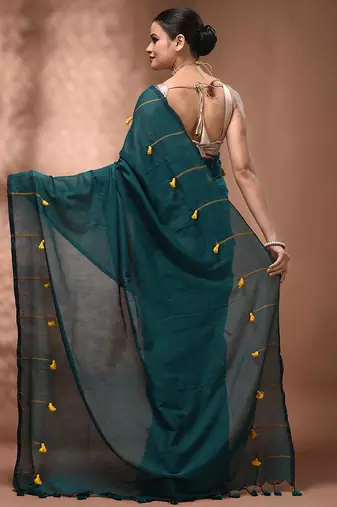 Teal cotton soft saree with pompom