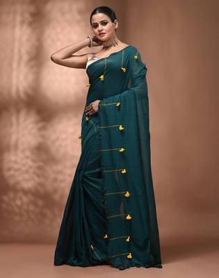 Teal cotton soft saree with pompom 3