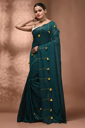 Teal cotton soft saree with pompom