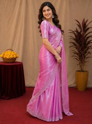 Baby pink soft shimmer chiffon embroidery work saree with unstitched blouse piece 3