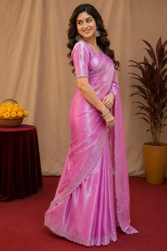 Baby pink soft shimmer chiffon embroidery work saree with unstitched blouse piece