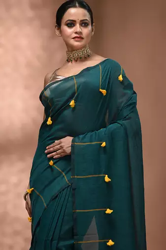 Teal cotton soft saree with pompom