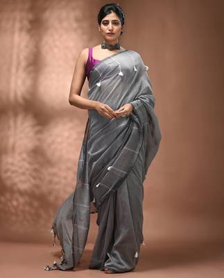 Grey cotton soft saree with pompom 1