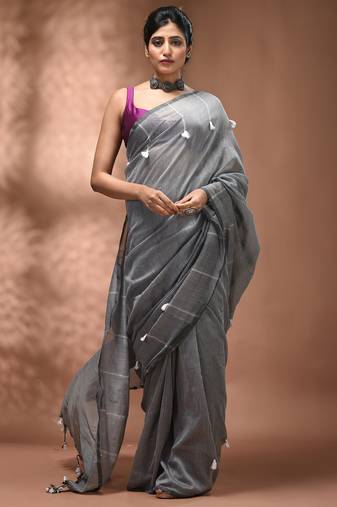 Grey cotton soft saree with pompom