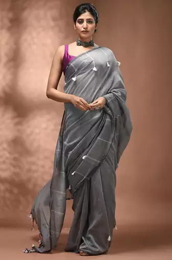 Grey cotton soft saree with pompom