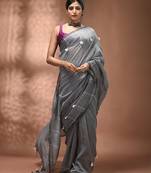 Grey cotton soft saree with pompom