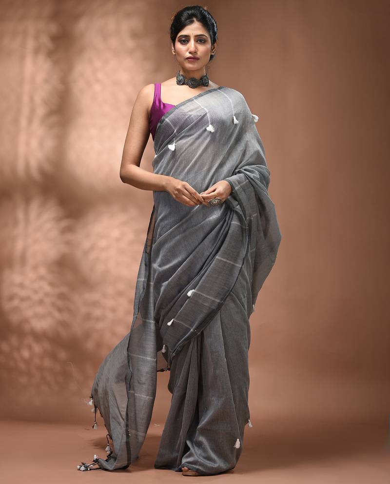 Grey cotton soft saree with pompom