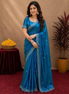 Turquoise soft shimmer chiffon embroidery work saree with unstitched blouse piece 1