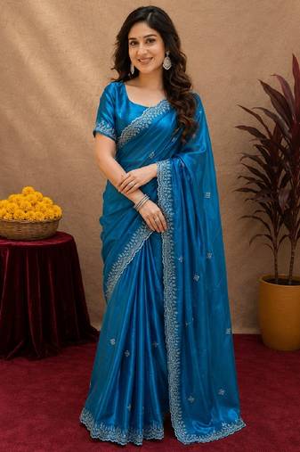 Turquoise soft shimmer chiffon embroidery work saree with unstitched blouse piece