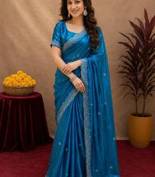 Turquoise soft shimmer chiffon embroidery work saree with unstitched blouse piece