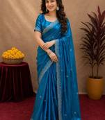 Turquoise soft shimmer chiffon embroidery work saree with unstitched blouse piece
