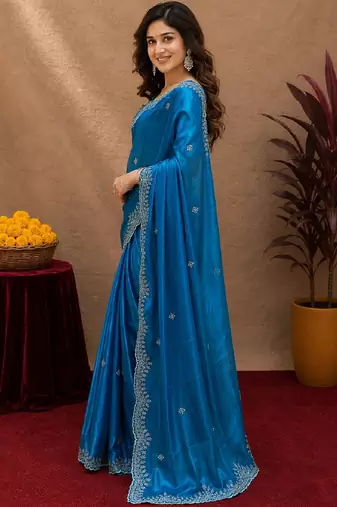 Turquoise soft shimmer chiffon embroidery work saree with unstitched blouse piece