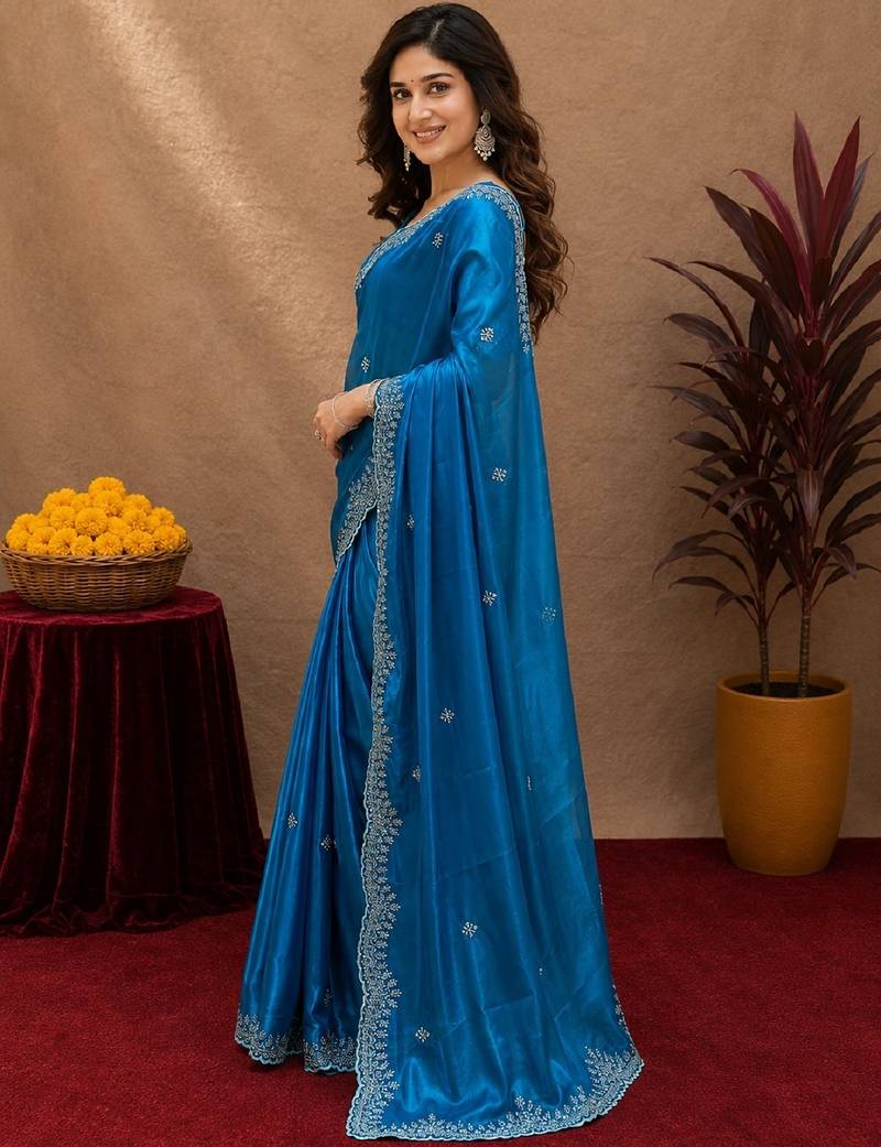 Turquoise soft shimmer chiffon embroidery work saree with unstitched blouse piece