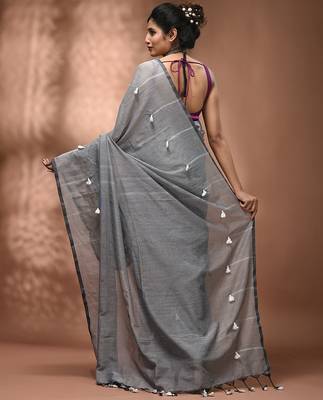Grey cotton soft saree with pompom 2