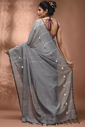 Grey cotton soft saree with pompom