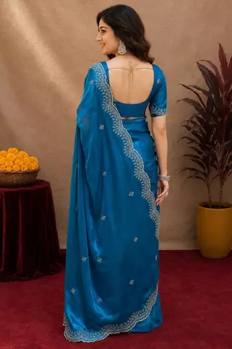Turquoise soft shimmer chiffon embroidery work saree with unstitched blouse piece