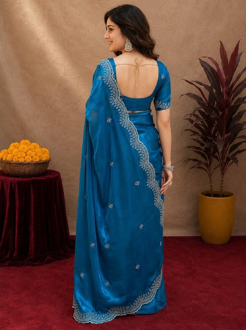 Turquoise soft shimmer chiffon embroidery work saree with unstitched blouse piece