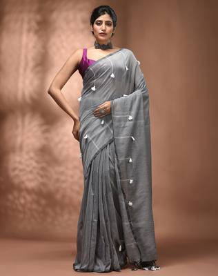Grey cotton soft saree with pompom 3