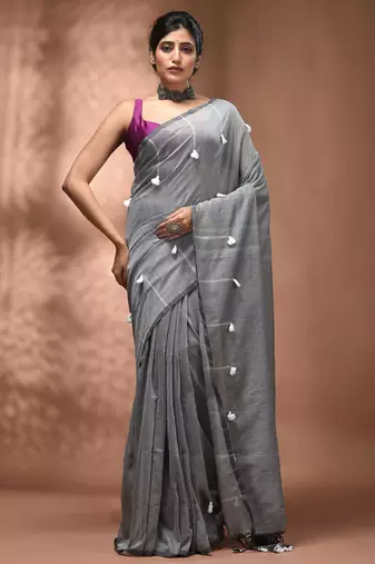 Grey cotton soft saree with pompom