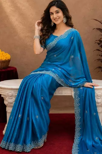 Turquoise soft shimmer chiffon embroidery work saree with unstitched blouse piece