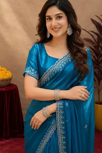 Turquoise soft shimmer chiffon embroidery work saree with unstitched blouse piece