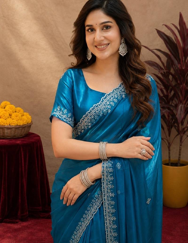 Turquoise soft shimmer chiffon embroidery work saree with unstitched blouse piece