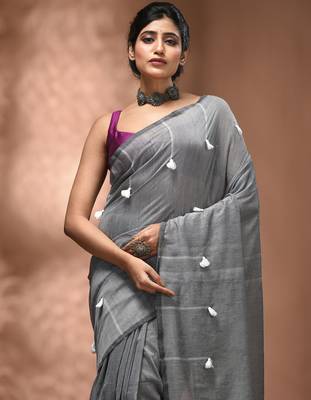 Grey cotton soft saree with pompom 5