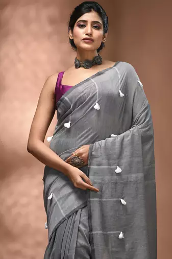 Grey cotton soft saree with pompom