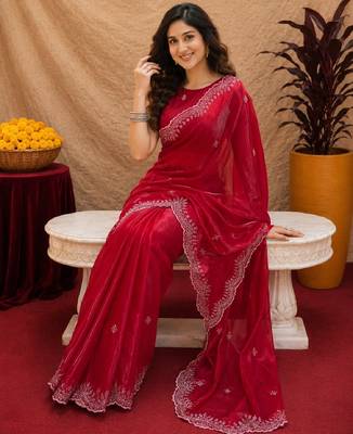 Red soft shimmer chiffon embroidery work saree with unstitched blouse piece 1