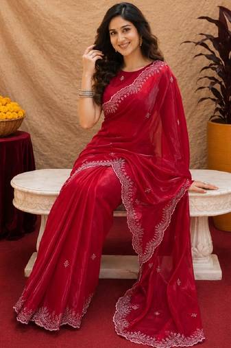 Red soft shimmer chiffon embroidery work saree with unstitched blouse piece