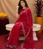 Red soft shimmer chiffon embroidery work saree with unstitched blouse piece