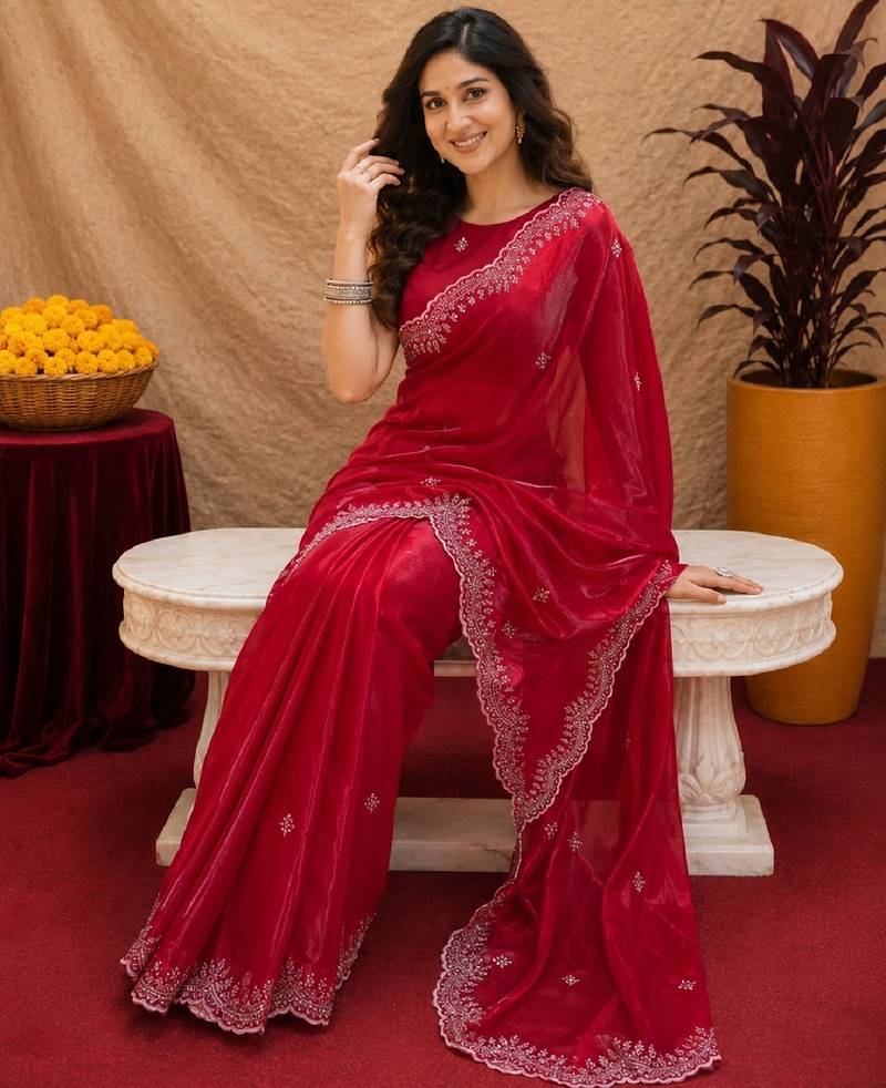 Red soft shimmer chiffon embroidery work saree with unstitched blouse piece