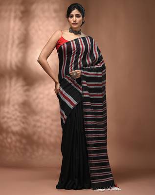 Black cotton soft saree with stripe pattern 1