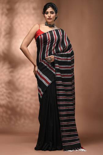 Black cotton soft saree with stripe pattern