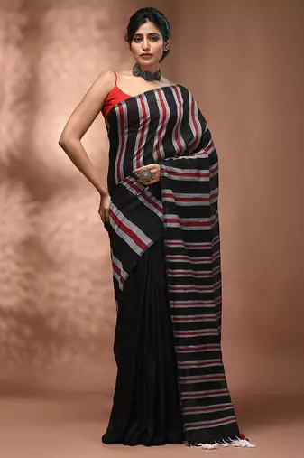 Black cotton soft saree with stripe pattern