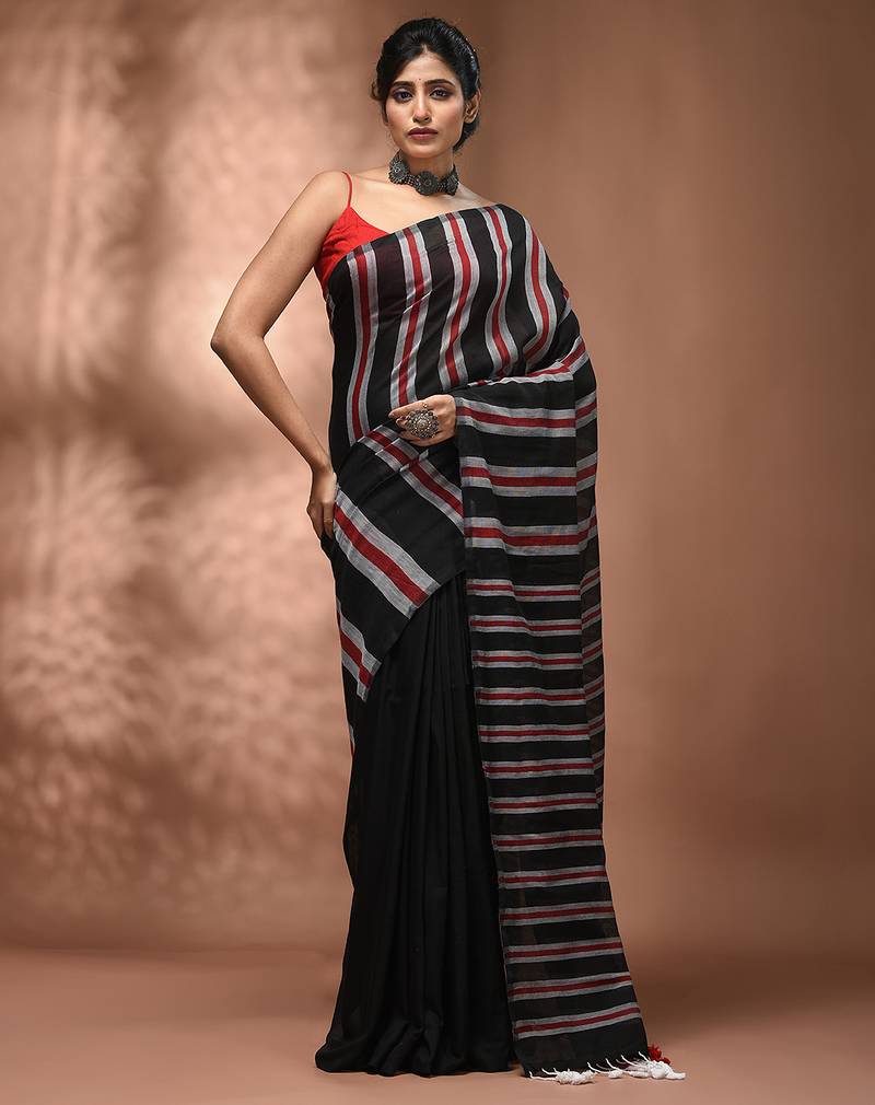 Black cotton soft saree with stripe pattern