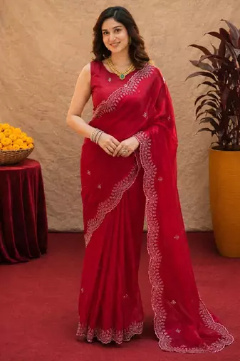 Red soft shimmer chiffon embroidery work saree with unstitched blouse piece