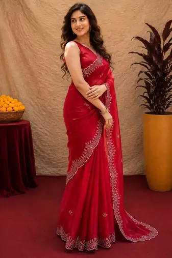 Red soft shimmer chiffon embroidery work saree with unstitched blouse piece