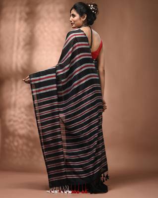 Black cotton soft saree with stripe pattern 2