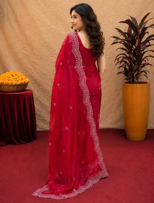 Red soft shimmer chiffon embroidery work saree with unstitched blouse piece 4