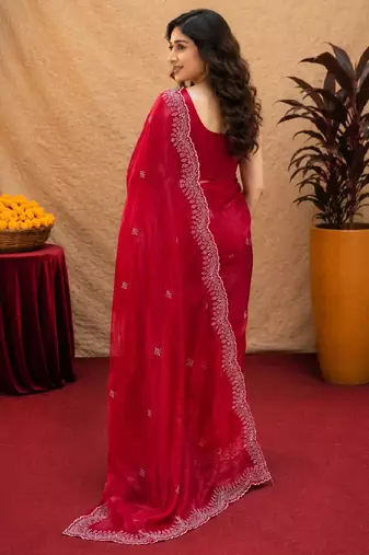 Red soft shimmer chiffon embroidery work saree with unstitched blouse piece