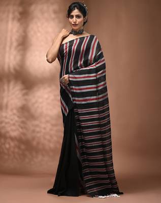 Black cotton soft saree with stripe pattern 3