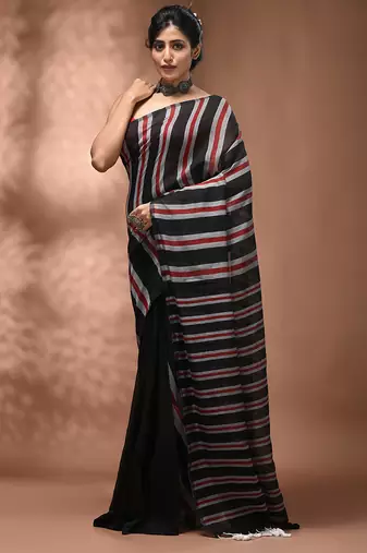 Black cotton soft saree with stripe pattern