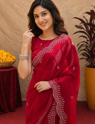 Red soft shimmer chiffon embroidery work saree with unstitched blouse piece 5