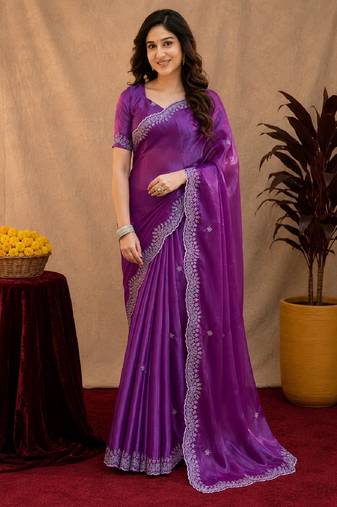 Purple soft shimmer chiffon embroidery work saree with unstitched blouse piece