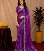 Purple soft shimmer chiffon embroidery work saree with unstitched blouse piece